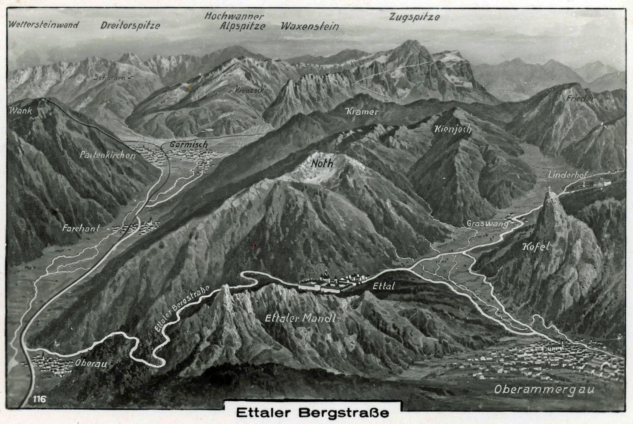Verlauf der Ettaler Bergstraße zwischen Loisach- und Ammertal (AK um 1940 - Sammlung HK)